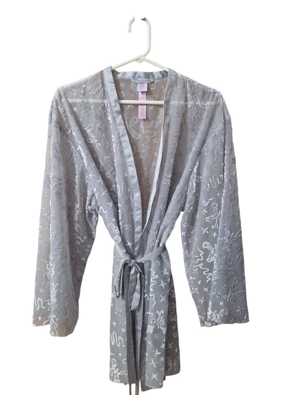 Savage X Fenty Light Gray Sheer Lace Satin-Trim Robe
